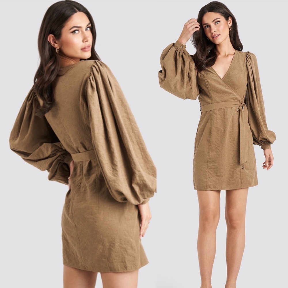 Blue B Camel Tan Cotton Wrap Dress Long Puff Sleeve Side Button V-Neck Small